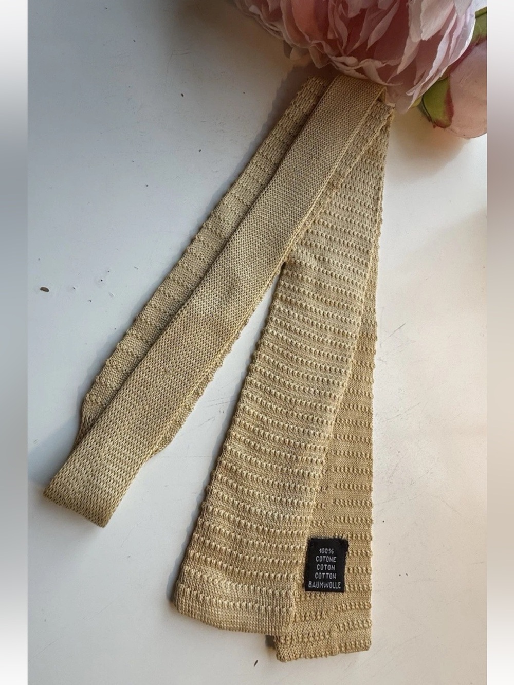 Vintage champagne color 100% cotton Italian slim tie square end